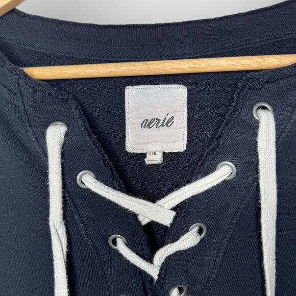 Aerie Black Oversized Lace-Up Sweatshirt Large Relaxed Fit Grunge Core Pullover - Picture 3 of 7